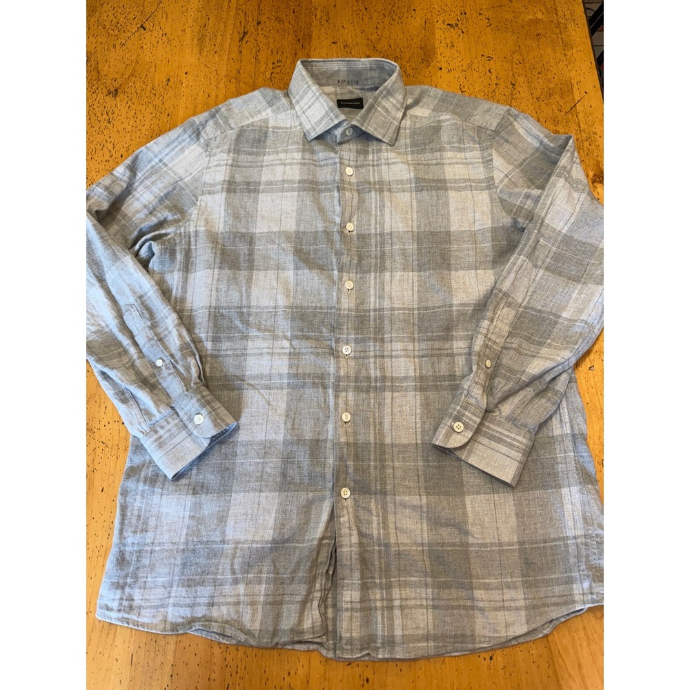 Ermenegildo Zegna Plaid Size L Grey White Cotton Long Sleeve Button Down Shirt